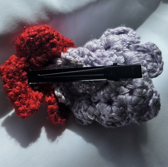 Hand Crafted Floral Bow Hair Clip Hand Knit Crochet flowers Purple Red and beige - Picture 10 of 16